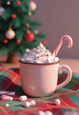 A mug of hot chocolate with whipped cream on plaid