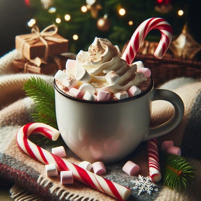 A warm cup of hot cocoa with whipped cream and marshmallows