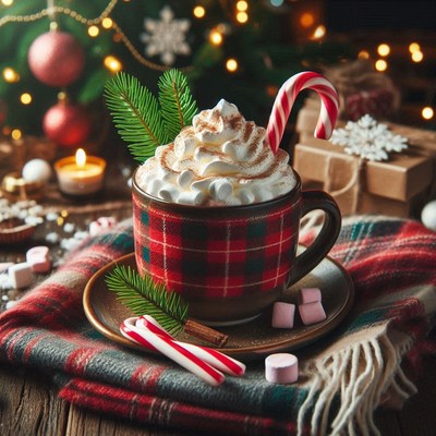 A cozy christmas drink with whipped cream and a candy cane