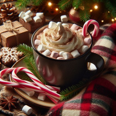 Hot chocolate with cream, marshmallows, and candy canes