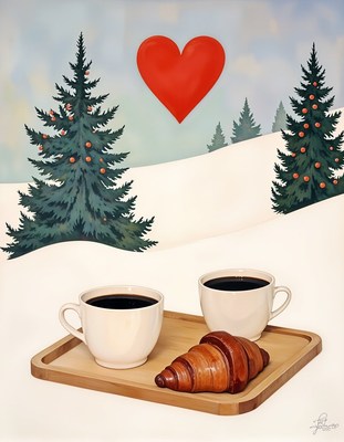Two cups of coffee and a croissant on a wooden tray