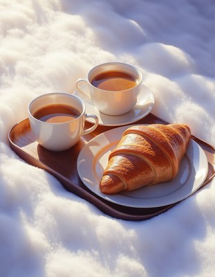 Two cups of coffee and a croissant on a snowy morning