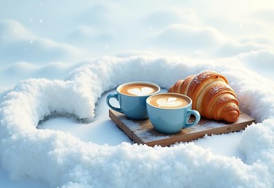 Two cups of coffee and a croissant on snow