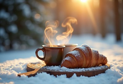 Warm coffee and a croissant on a snowy morning