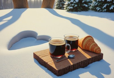 Coffee and pastry in the snow on a sunny day