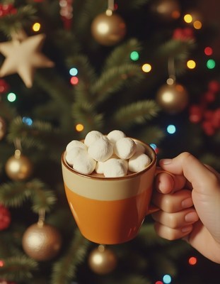 Hot chocolate with marshmallows by the christmas tree