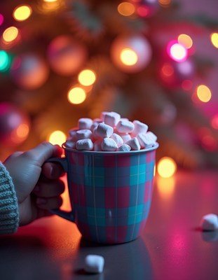 A hand holds a blue and pink mug filled with marshmallows