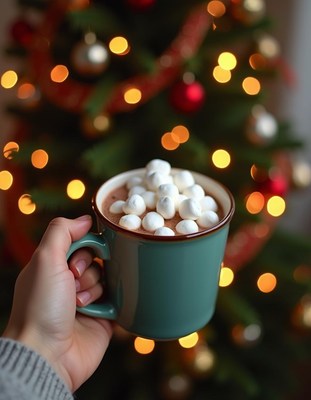 Hand with cocoa mug by a christmas tree