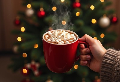 Hot cocoa with marshmallows by the christmas tree