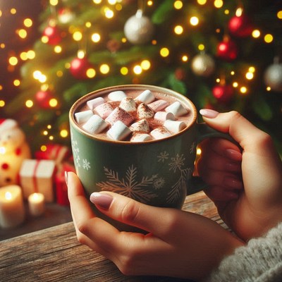 Hot chocolate with marshmallows by a christmas tree