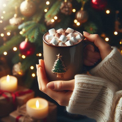 Mug of hot chocolate by a christmas tree