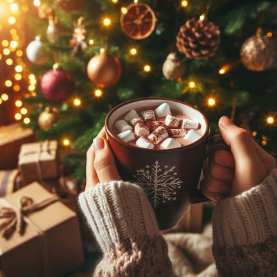 Hot chocolate with marshmallows by a christmas tree