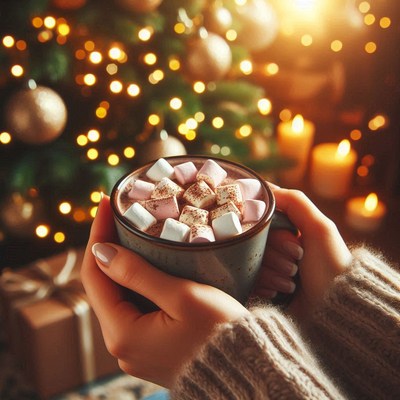 Hands with cocoa and marshmallows by a xmas tree