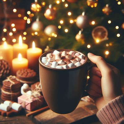 Hand with mug of cocoa near a christmas tree