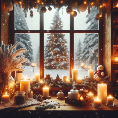 Candles glow on a snowy winter day