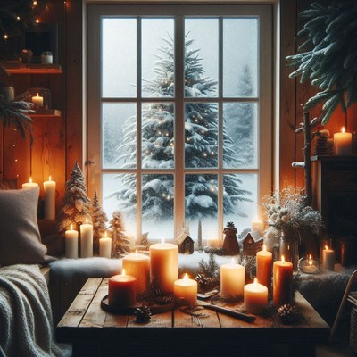 Candles glow on a table by a window