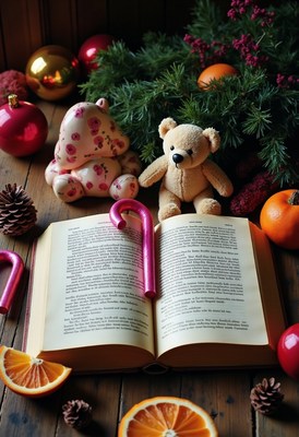 A book is open on a wooden table