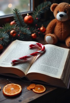 A candy cane sits on an open book near a teddy bear