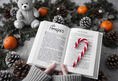 Candy cane on a book with pine cones and oranges