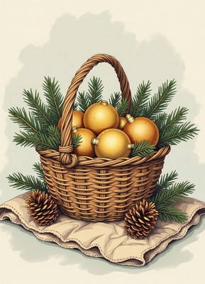 A wicker basket holds gold ornaments and pine sprigs
