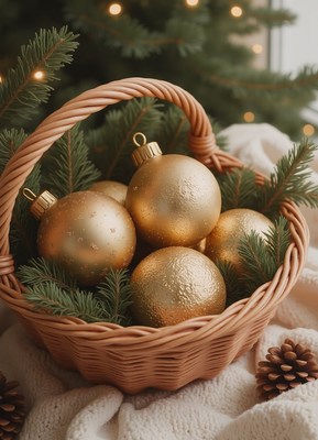Golden ornaments rest in a wicker basket