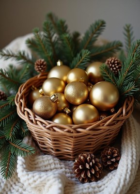 Gold ornaments on a white blanket with pine