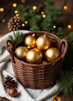 Wicker basket of gold ornaments on a white blanket