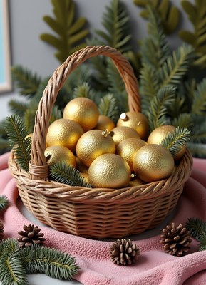 Wicker basket of gold ornaments on pink blanket