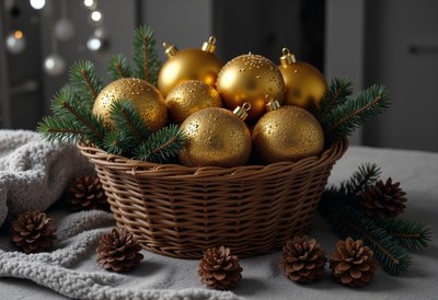 Golden ornaments in a wicker basket with pine branches