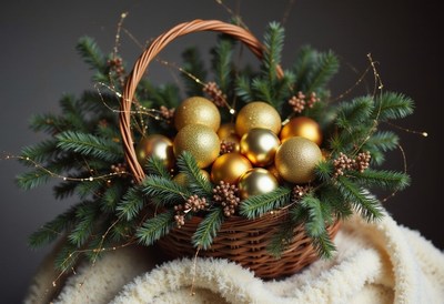 A basket of gold ornaments and evergreen on white