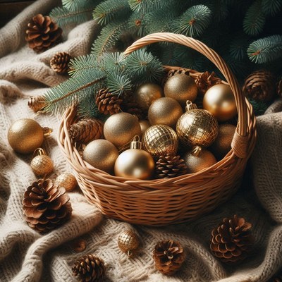 A basket of gold ornaments and pine cones sits on a blanket