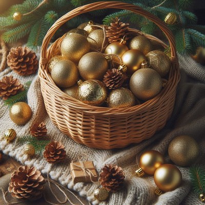 Wicker basket of gold ornaments on a cozy blanket