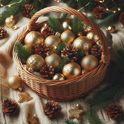 A basket of gold ornaments and pine cones on white