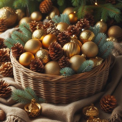 A basket filled with gold ornaments and pine cones