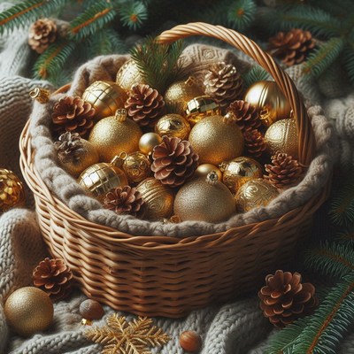 A basket of golden ornaments sits on a knitted blanket