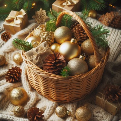 Ornament-filled wicker basket with pine cones and gift