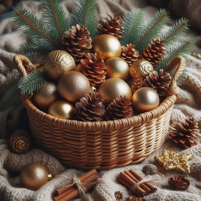 A basket of gold ornaments and pine cones