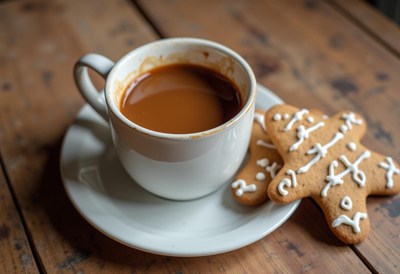 A cup of coffee and gingerbread cookies on a wooden table