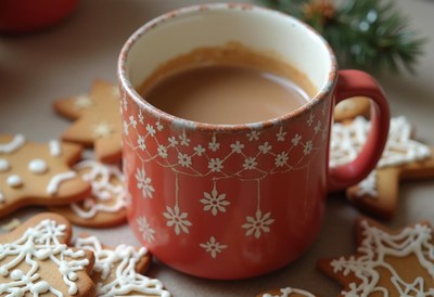A mug of hot cocoa sits on a plate of gingerbread cookies