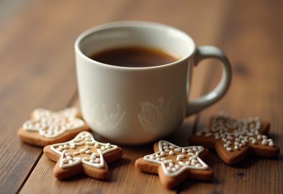 A cup of coffee and star-shaped cookies on a wooden table
