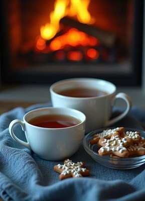 Two cups of tea and cookies by a fireplace