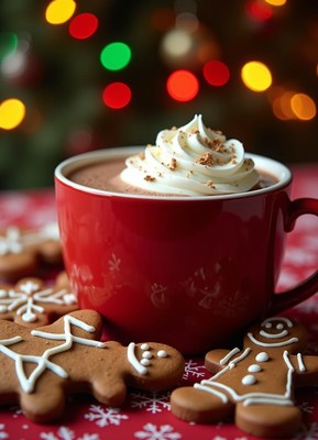 Red mug of cocoa and gingerbread cookies on table