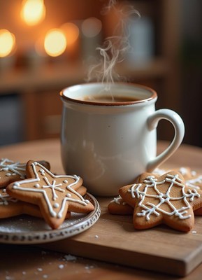 A warm mug of coffee with star-shaped cookies