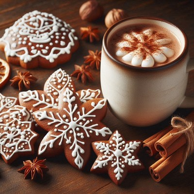 A mug of hot chocolate with gingerbread cookies