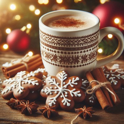 A mug of hot cocoa sits beside gingerbread cookies