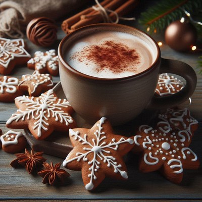 Hot cocoa with cinnamon and gingerbread on a table
