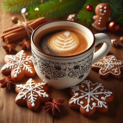 A cup of coffee with gingerbread cookies and cinnamon sticks