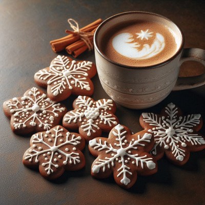 A cup of coffee and snowflake cookies