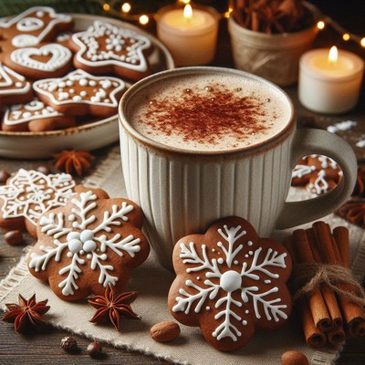 A cup of coffee with gingerbread cookies and cinnamon sticks