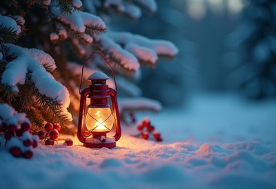 A red lantern glows in the snow on a cold winter evening